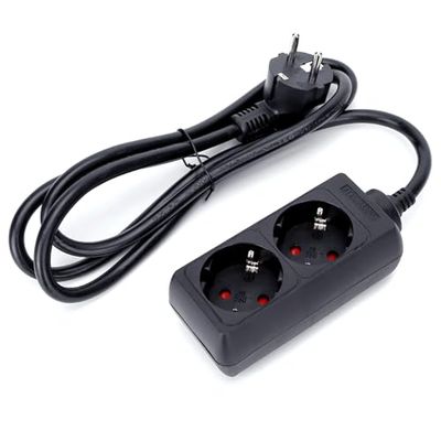 Regleta de 2 vías sin Interruptor, 1,5 m, 3G, 1,5 mm² Negra - Ideal para conectar múltiples Dispositivos eléctricos.