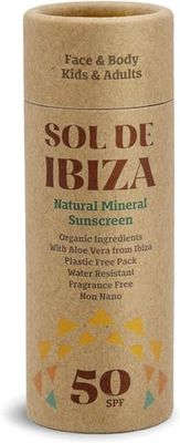 Sol De Ibiza Plastfri klistermärke - Solskydd Mineral Solid SPF50 - Ansikte och kropp - Naturliga Ingredienser - Zink-Non Nano oxid - Vegan - Vuxna och Barn - 45 g
