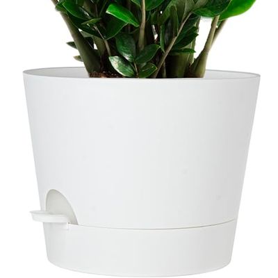 SwinDuck 12inch Large Self Watering Plant Pot, Plastic Cylinder Flower Pot for Indoor Outdoor House Plant and Flowers, White