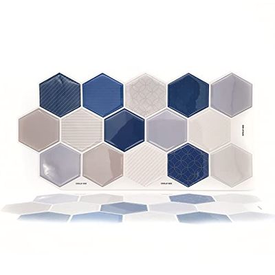 WALPLUS 48 vellen Honing Hexa Blauw en Crème Glanzend 3D Zeshoekige Tegel Stickers 30x15cm Muur Splashbacks Vinyl Stick op Tegels Backsplash Peel en Stok Badkamer Keuken Decor Tegel Verf