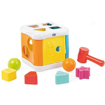 Chicco Kubus met slag en hamer 2 in 1, spel vormen en stangen voor kinderen met 4 geometrische vormen, 2 ballen en hamer, multifunctionele dobbelstenen – educatief spel 10 maanden – 3 jaar