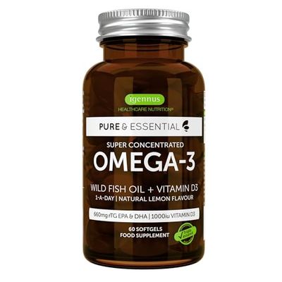 Pure & Essential Olio di Pesce Omega-3 e Vitamina D3 1000ui, 440 mg EPA e 220 mg DHA per capsula softgel, 1 al giorno, 60 capsule softgel