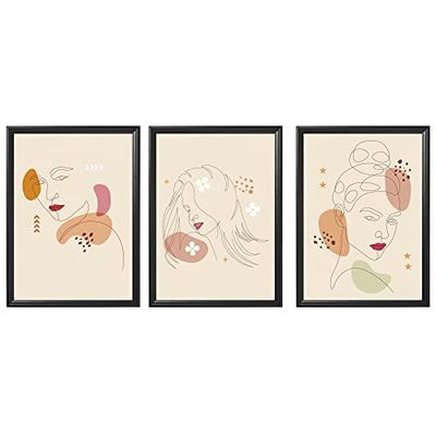 Arterby's® - Set 3 pezzi - Poster Quadro Cornice Tela Canvas Dipinto - Illustrazione Viso Donna Linea Astratta Ritratto - Made in Italy - HD Poster con Cornice Decorativa Nera 30x40 cm S3A001 D003