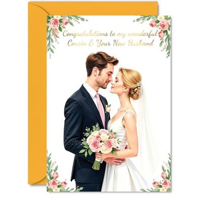 Gold Cousin Wedding Card - Wonderful Floral New Husband - Golden Happy Wedding Card for Cousin from Family Relative, A5 Marriage Congrats Well Done Greeting Cards