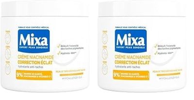 Mixa - Crème Niacinamide Correction Éclat - Crème Hydratante Anti-Taches au Beurre de Karité, à la Niacinamide et à la Vitamine C - Adaptée au Visage, Corps et Mains - Hypoallergénique - 400ml