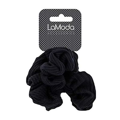 LaModa Hair Scrunchies/Ponytail Holders, Waffle and Stripe Finish, Soft Black Finish. Pack of 3