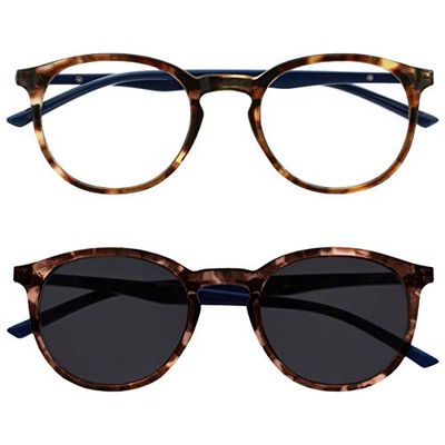 OPULIZE Met Paquete Doble Gafas De Lectura Con Lectores De Sol Grande Redondo Marrón Azul Marino Hombres Mujeres Bisagras Resorte RS60-2 +3,00