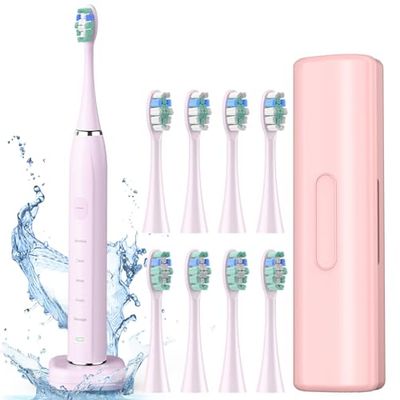 COULAX Spazzolino elettrico sonico da viaggio, spazzolino elettrico sonico, ricarica wireless, spazzolino elettrico con 8 testine (rosa)