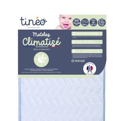 TINÉO - Matras met airconditioning 70 x 140 x 10 cm - Babymatras - Airconditioning - 1 kant Zomer - 1 kant Winter - Zonder behandeling - Dichtheid 20 kg/m³ - Gemaakt in Frankrijk
