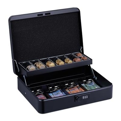 Relaxdays Caja Dinero, Combinación 3 Números, Bandeja para Monedas, Cajita Hierro, 8,5 x 30,5 x 25 cm, Negro, Acero