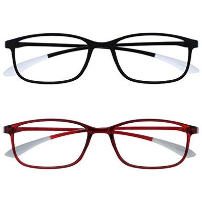 OPULIZE Ice Reading Glasses 2 Pack Ultra Lightweight Scratch Resistant Black Red Frame Mens Womens RR61-1Z +2.00