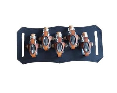 Supporto per Pozione Cintura per 5 bottiglie piccole. Realizzato in pelle veg per avventurieri, steampunk, alchimisti, guaritori, cosplay o semplicemente per conservare le spezie. (Nero e Marrone)