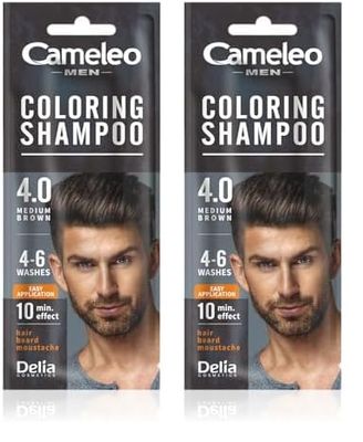 Cameleo Men – Shampoo Colorante – Marrone Medio – Capelli, Barba, Baffi – Rinfresca – Dura da 4 a 6 Lavaggi – Applicazione facile e veloce – Estratto di Noce – 15 ml (Confezione da 2)
