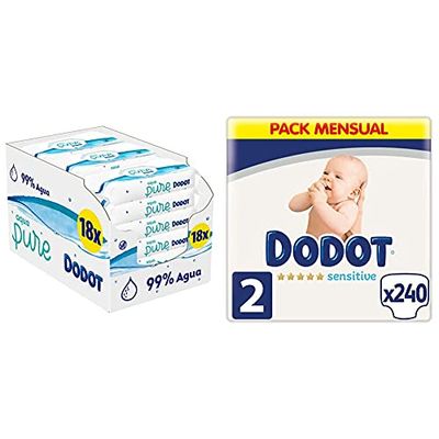 Dodot Aqua Pure Lingettes pour bébé, 99% d'eau, 864 lingettes, 18 paquets (18 x 48) & Sensitive - Couches pour bébé Talla 2 (240 Unidad)