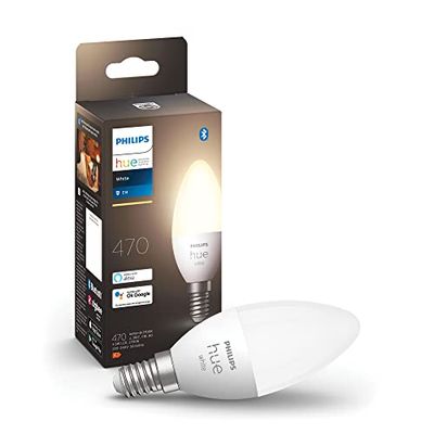 Philips Hue White Candela Smart LED, Attacco E14, 5.5W, Luce Bianca Calda, Dimmerabile, Controllo con Bluetooth e Hue App, Funziona con Alexa, Google Assistant e Apple HomeKit
