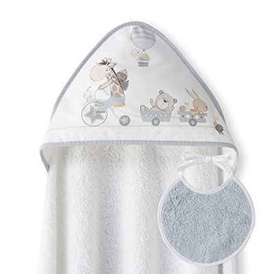 Interbaby Baby Hooded Towel with Hood - Giraffe Bicycle White and Grey