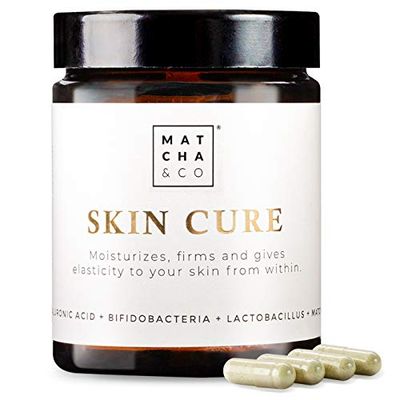 Skin Cure. Cápsulas Antiaging, antiarrugas, anti envejecimiento. Colágeno Tipo I Vegetariano con Probióticos, Elastina, Ácido Hialurónico, Té matcha y Vitamina B2. 60 cápsulas.