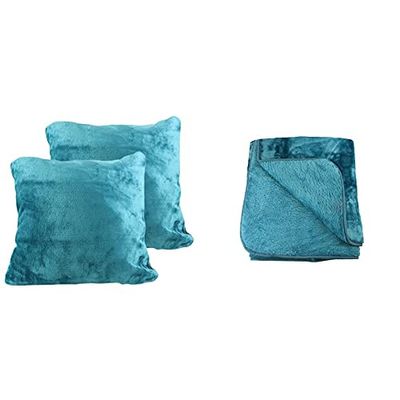 Amago, Coperta, 130 x 170 cm, 2 Copricuscini, 50 x 50 cm, Effetto Cashmere, Blu Petrolio