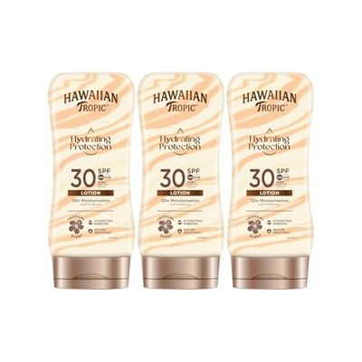 Hawaiian Tropic Silk Hydration Protective 3-pack SPF 30 skyddande solkräm med fuktgivande och vattentäta sidenband, format 180 ml.
