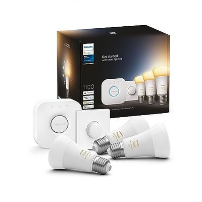 Philips Hue Starterkit - 3 Lampen - E27 - Warm tot Koelwit Licht - 1100lm - 1 Smart Button - Inclusief Hue Bridge - Dimbaar - Verbind met Bluetooth of Hue Bridge - Werkt met Alexa en Google Home