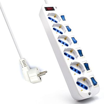 Ewent EW3932 - Extensão com 6 tomadas (cabo de comprimento 1,5 metros, 2500 W, proteção para crianças), cor branca