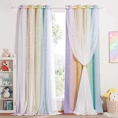 NICETOWN Gordijn voor kinderkamer, met inslagringen, set van 2 verduisteringsgordijnen met holle sterren en voile, decoratieve gordijnen voor meisjes, 260 x 132 cm (h x b), regenboog-2