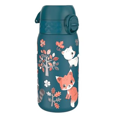 ION8 Lichtgewicht Stalen Kinderwaterfles, 400 ml/13 oz, Zonder Isolatie, Lekvrij, Makkelijk te Openen, Veilige Vergrendeling, Vaatwasserbestendig, Flipdop, Draaggreep, Duurzaam, Bosdieren