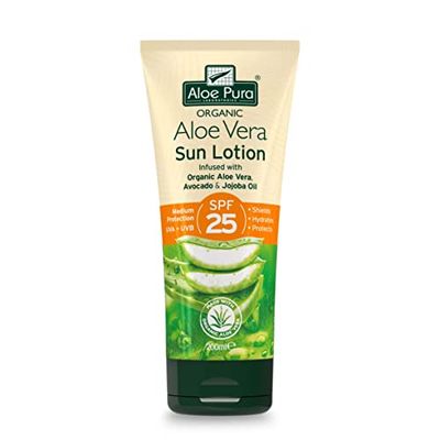 Lozione Solare Aloe Pura Aloe Vera SPF 25, Naturale, Vegetariana, Senza Crudeltà, Senza Parabeni e SLS, Protezione Media, Schermo Duraturo, 200ml