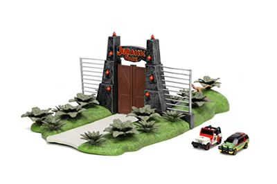 Jada Toys Jurassic World Nano Scene (17 x 18 cm) – spelbakgrund med Jurassic Park Grind, 2 metallbilar (Jeep Wrangler och Ford Explorer) & dinosauriedekoration, för fans och barn från 6 år