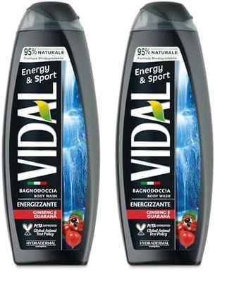 Vidal - Bagnoschiuma Energy & Sport, Formula Energizzante, con estratti di Ginseng e Guaranà, Dermatologicamente Testato, 500ml (Confezione da 2)