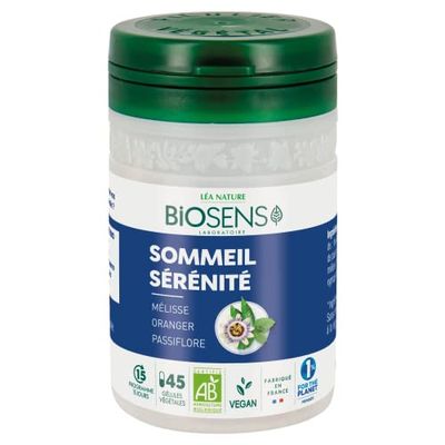 Biosens - Gélule végétale Sommeil Sérénité - Mélisse, Oranger et Passiflore - Certifié Bio AB Vegan - Fabriqué en France - Programme de 15 jours - 45 gélules