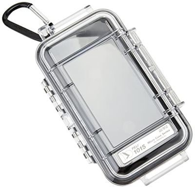PELI 1015 extrem mikrolåda som skyddar små tillhörigheter vid friluftsliv eller idrott, IP67-vattentät, 0,1 liters kapacitet, tillverkad i USA, genomskinlig/svart foder