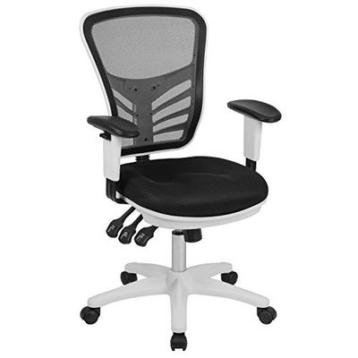 Flash Furniture Mid-Back Zwarte Mesh Multifunctionele Executive Swivel Ergonomische Bureaustoel met Verstelbare Armen en Wit Frame