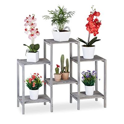 Relaxdays Fleurs, Design Simple-Chic, Intérieur, Salon, Cuisine, étagère à Plantes, HLP 70 x 89 x 27 cm, Gris, Bois