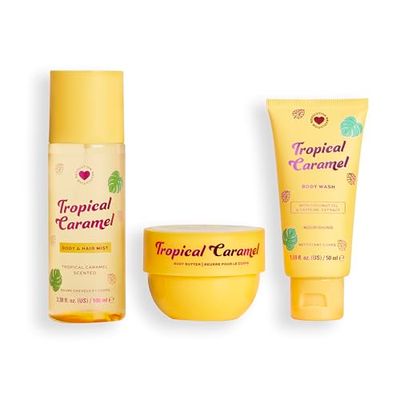 I Heart Revolution, Tropical Caramel Bath & Body Gift Set, Set Mini All-In-One per Capelli e Corpo per l'Estate, Profumo Dolce, Vegano e Non Testato su Animali