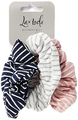 LaModa Hair Scrunchie for Youth, Pastel Pink/White, Dark Blue/White, And White/Dove-Grey, Supersoft, 3 Piece