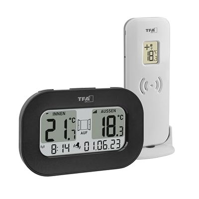 TFA Dostmann Digital trådlös termometer Cool@Home, 30.3046.01, samtidig temperaturkontroll inomhus/utomhus, med ventilationsrekommendation och larm, med utomhussensor, inklusive radioklocka med datum,