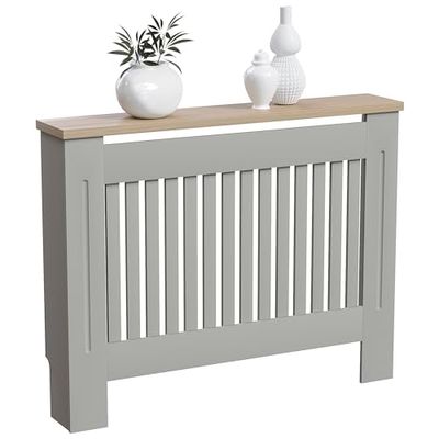 Vida Designs Arlington Cache-radiateur Moderne à Lattes, MDF Gris, étagère supérieure en Bois, Moyen