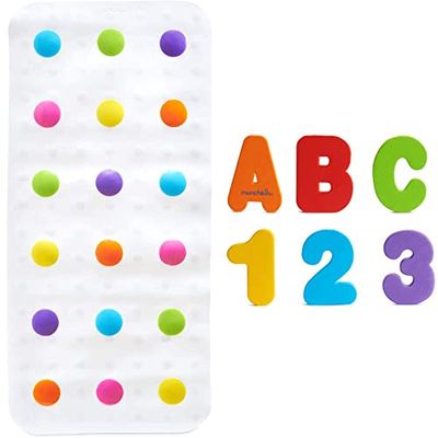 Munchkin Dandy Dots Colourful Children’s Non Slip Bath Mat/Baby Bath Tub Mat/Bathroom Mat with Suction Cups, Multi Colour, 77.5 x 36.2 cm & Juguetes para el Baño - Letras y Números