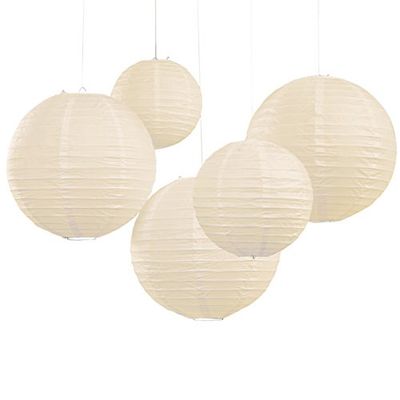 Ginger Ray Ivory Round Paper Lantern with with Wire Ribbing Decorations in 2 Sizes 5 Pack, White