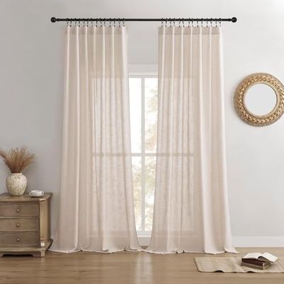 Joydeco Lot de 2 Panneaux de Rideaux Semi-Transparents en Lin pour Salon – Rideaux plissés à pincement – 132,1 x 274,3 cm (l x L), écru