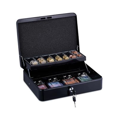 Relaxdays Caja de Dinero, con Cerradura, Hierro, Bandeja para Monedas y 4 Espacios para Billetes, 5cm, Negro, Acero, 8,5x30,5x24,5 cm