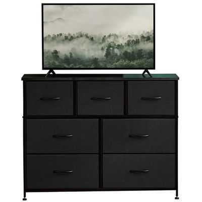 DUMOS Commode voor slaapkamer met 7 stoffen laden hoge commode organizer voor kleding kast kinderkamer opbergtoren met kast metalen frame houten plaat lichte kinderkamermeubels