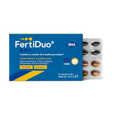 FertiDuo - Complément Alimentaire, Contribue au Maintien de la Qualité Spermatique - Vitamines C, E, B12, Sélénium, Acide Folique, Zinc, Oméga 3 - Fertilité Homme - 60 Capsules (30 Jour + 30 Nuit)