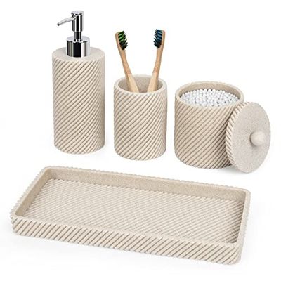 Bathroom Accessories Set 4Pcs-Lotion Soap Dispenser,Toothbrush Holder,Qtip Holder Dispenser,Vanity Tray for Decor Bathroom Countertop,Vanity Organizer-Beige