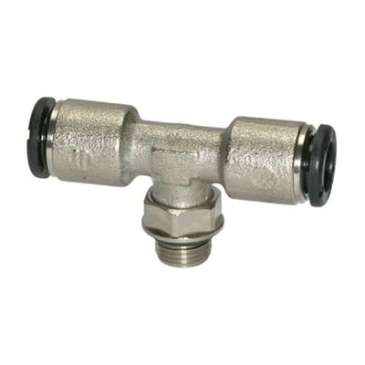 Raccord en T « click-clock » rotatif M5 A pour tuyau extérieur Ø 6 mm, pression de travail max. 16 bar, laiton nickelé, SW 9