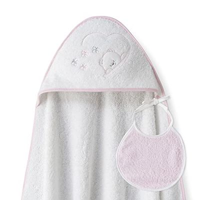 Interbaby - Capa de Baño Bebe Blanco/Rosa + Babero | Toalla Bebe con Capucha 100% Algodón, 100x100cm, Unisex | Suave, Cómoda, Ideal Recién Nacidos, Bebes y Niños Pequeños | Diseño Oso Mariposas