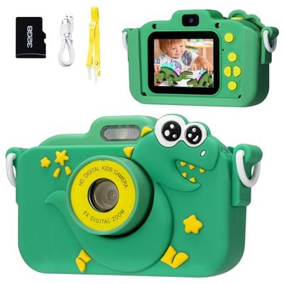 Kindercamera, cadeau voor 3, 4, 5, 6, 8, 7, 9, 10, 11 jaar, jongens en meisjes, 1080p HD, anti-vallen, dinosaurus, digitale camera voor kinderen, met 2,0 inch display en 32 GB kaart als