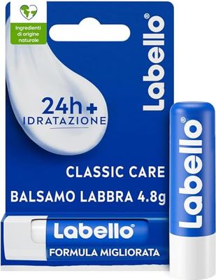 Labello Classic Care Balsamo Labbra 4.8 g, Burrocacao labbra classico fondente sulle labbra, Lip balm con burro di karité idratante fino a 24 ore, Senza oli minerali e paraffine