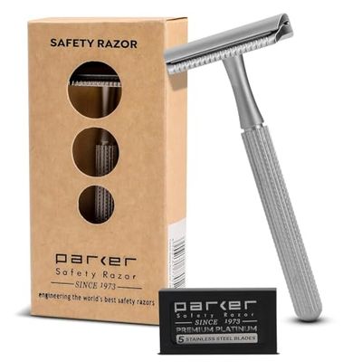 Parker, rasoio di sicurezza a pettine chiuso in 3 pezzi modello 78R con 5 lame Parker Platinum incluse (cromo satinato)